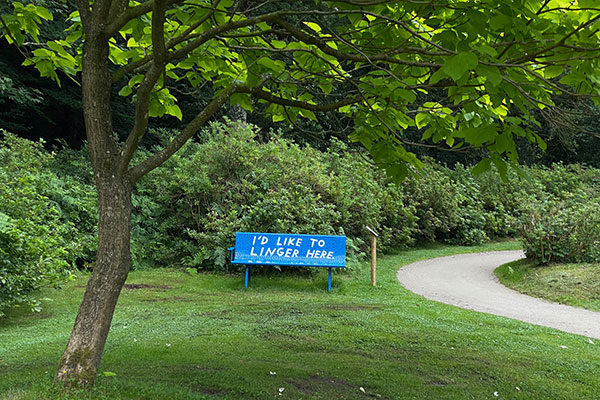 Blaue Bank in einem Park