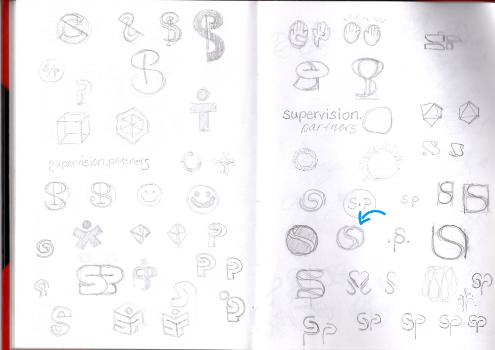 Eine Doppelseite aus meinem Skizzenbuch mit Logo-Entwürfen